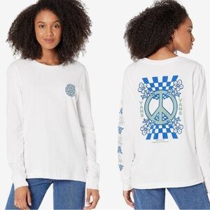 Vans White Long-Sleeve Tee with Blue & Green Peace Graphic